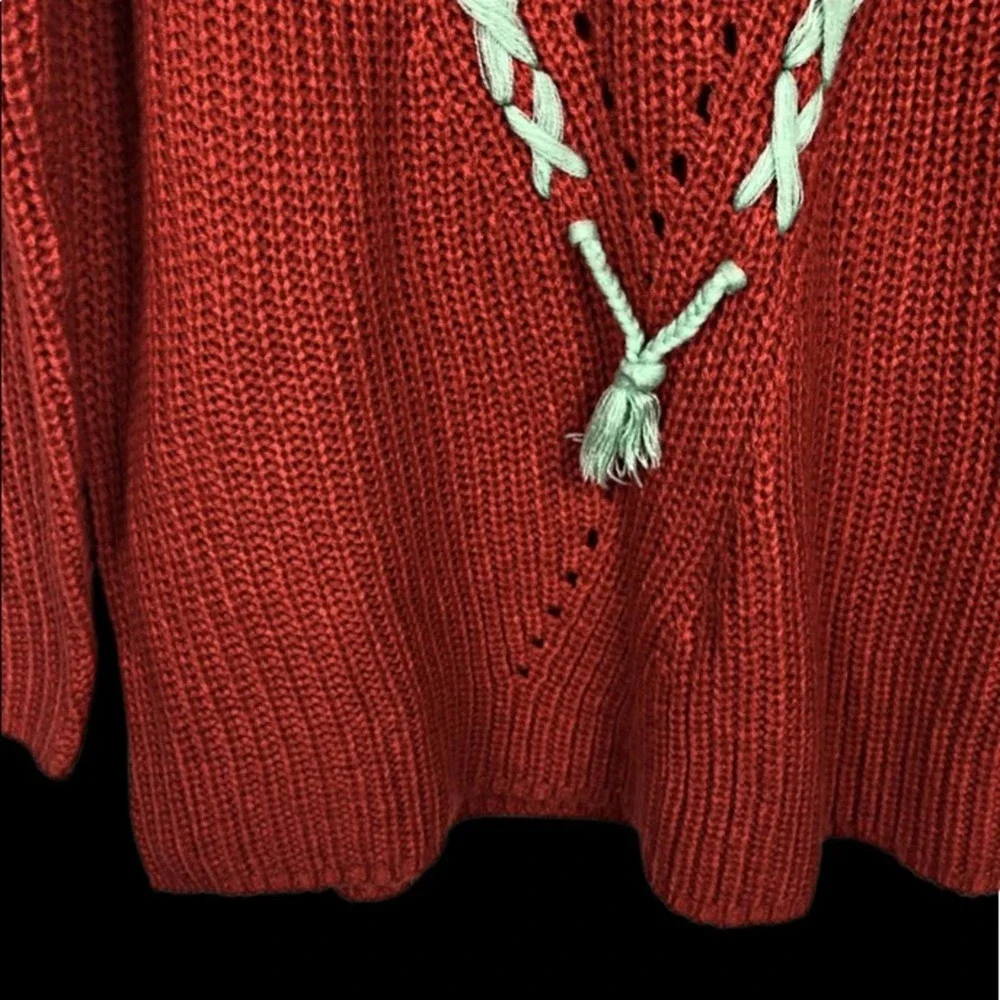 Hayden LA Lace up Braid Tassel Sweater Rust orange kids sweater - Picture 6 of 9